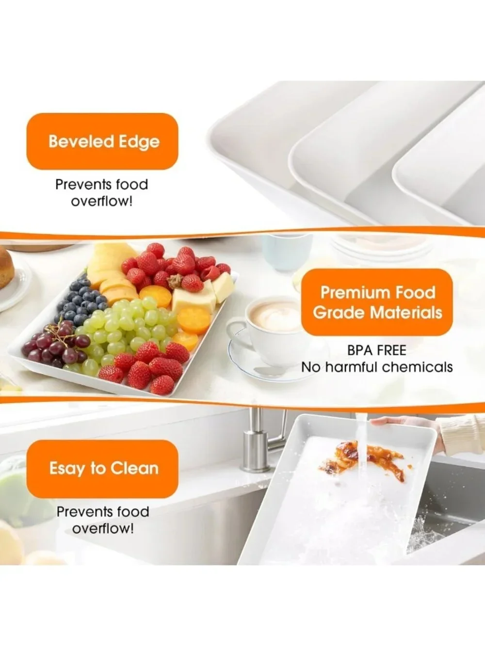 3 Pack White Rectangular Serving Trays - Large Reusable Platters for Party